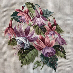 Vintage Preworked Decorator Needlepoint Canvas Fuchsia Floral Design 12x14 READ